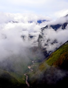 The Urubamba River in the valley below.